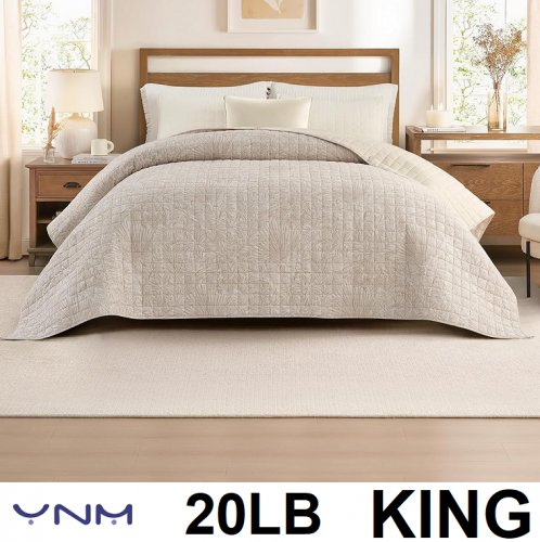 YnM Linen Weighted Blanket - king (88" x 104"), 20lbs, Heavy Bed Blanket - beige Palm Tree image 1
