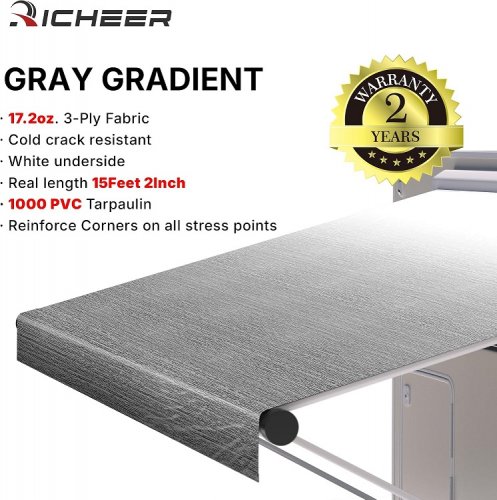 Richeer Waterproof RV Awning Fabric Replacement for 16ft Awnings - 15ft 2" - Grey image 2