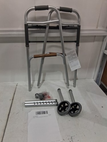 MEDLINE GUARDIAN ADJUSTABLE ALUMINUM 2-BUTTON FOLDING WALKER - 300LBS CAPACITY - GREY (MODEL: MDS86410W54H) image 3