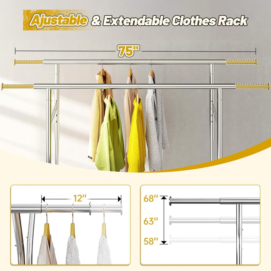 raybee Heavy Duty adjustable Rolling Clothing Rack with wheels - 75" x 22" x 58"-68" - chrome (model: HN-GR-DR-01) image 2