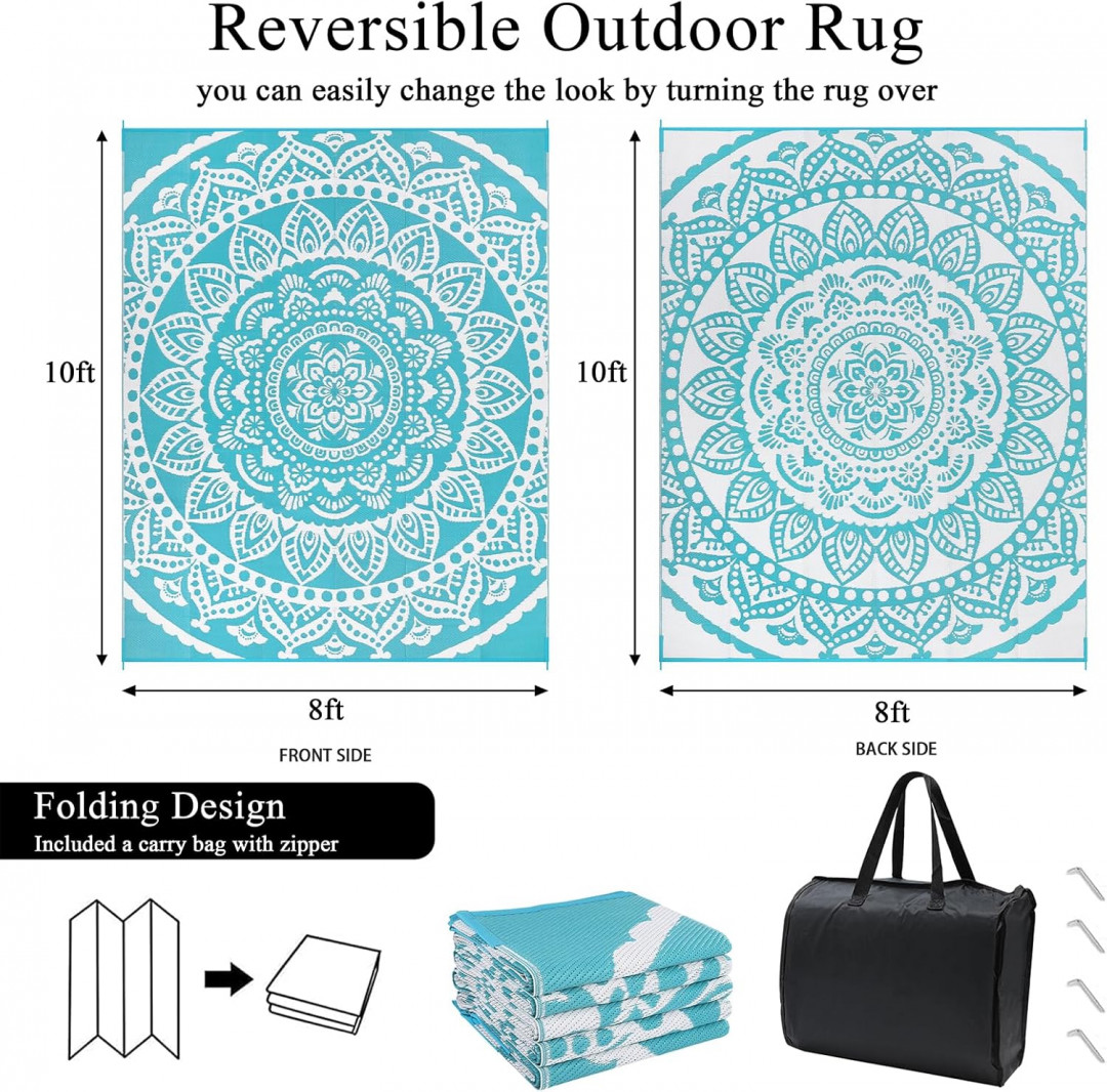 bsmathom waterproof plastic straw OUTDOOR RUG - 9FT x 12FT - flower TEAL image 2