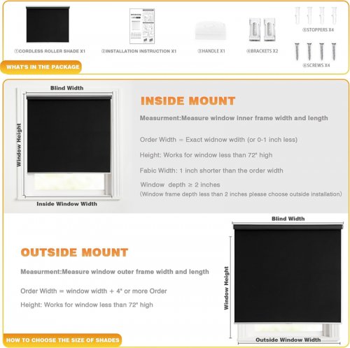 BWEROCIQ Cordless Free-Stop BLACKOUT Blinds with Thermal Insulated UV Protection Fabric - 23" X 72" - WHITE/BLACK (MODEL: FS-BKRS) image 2