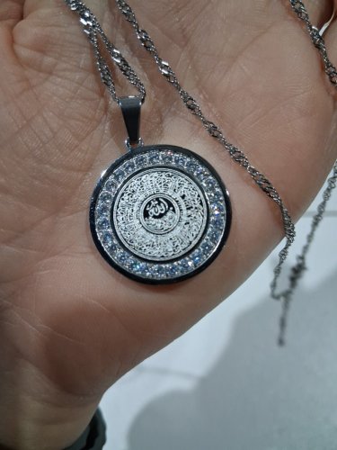 cubic zirconia engraved ayatol kursi "آية الكرسي" round pendant chain necklace for protection - 20" - 22"/2 mm width adjustable chain/ 1" pendant - silver image 4