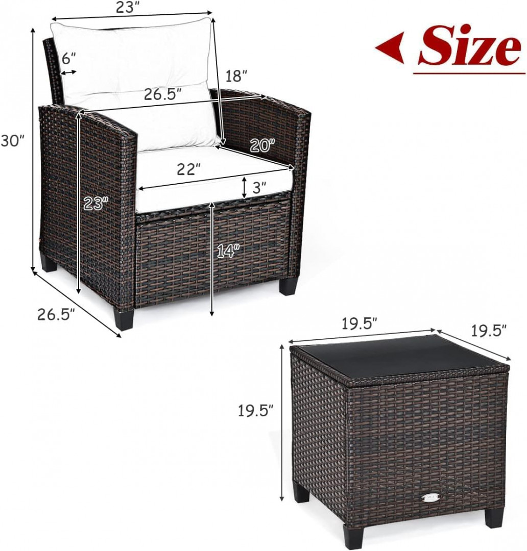 3PC Costway wicker Rattan Patio Conversation Set with 2 cushioned Armchairs and Tempered Glass Top Coffee Table - Brown/Red (Model: HW68667RE) image 2