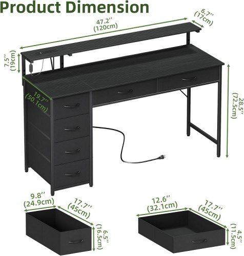SOMDOT COMPUTER DESK WITH 6 DRAWERS, BUILT-IN OUTLET, AND LED LIGHT STRIP - 47.2" - BLACK (MODEL: DK111C05) image 2