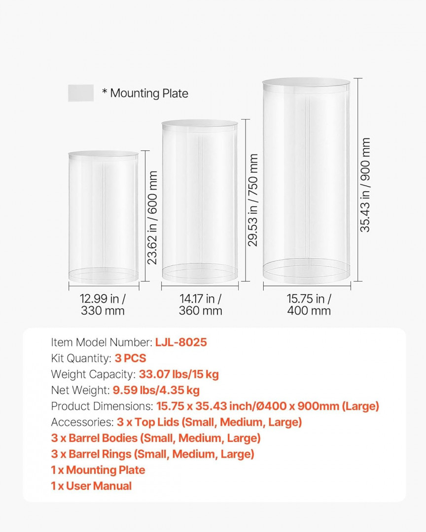 3PC transparent Round Cylinder Plinth Pedestal Wedding Flower Stands with PVC Lids - 23.6" / 29.5" / 35.4" - clear (model: LJL-8025) image 2