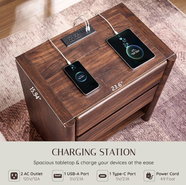 OKD 2 Drawer Modern Wood Bedside Nightstand with Charging Station - 24" x 16" x 25" - brown - (model: LDYZ2D-BR) image 3