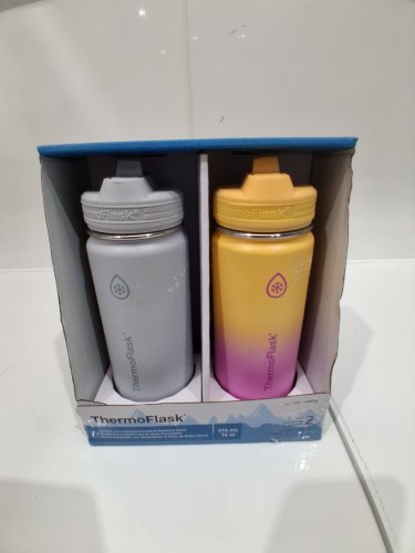 2PK THERMOFLASK DOUBLE VACUUM INSULATED STAINLESS STEEL WATER BOTTLES WITH LEAK PROOF LID - 16oz - yellow & pink/WOLF GREY (model: 1780559) image 2