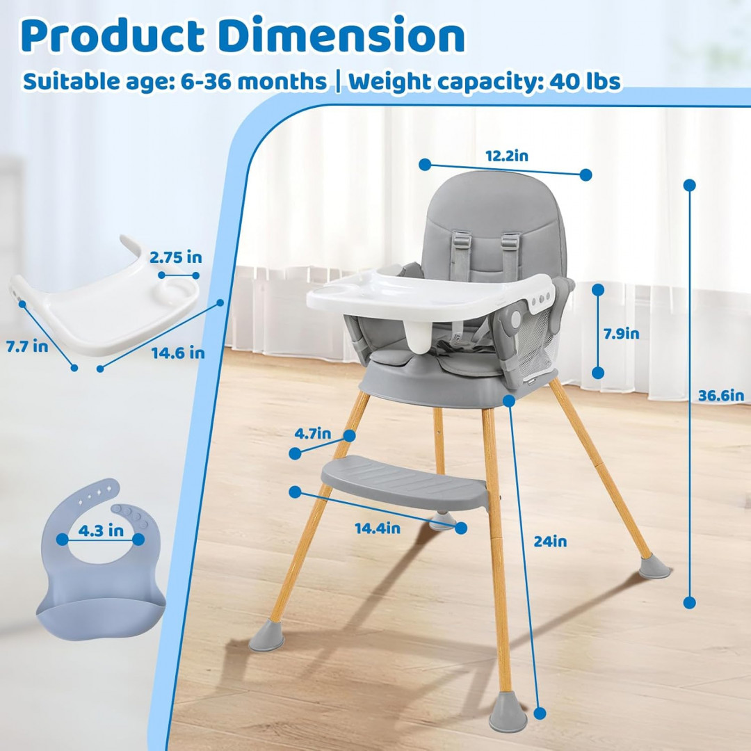 Zebrater portable foldable baby highchair/dining seat with 5-point harness, adjustable food tray, footrest & bibs - 40lbs capacity - white/grey/natural wood (model: ha-036s) image 2