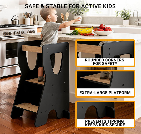 COSYLAND Toddler Adjustable Height Wooden Sturdy Kitchen Step Stool - 31" - natural/grey (model: CS000177-5-CA) image 3