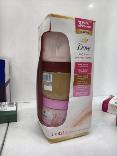 3pc DOVE BODY SCRUBS - 425G EACH - himalayan salt & rose oil/ brown sugar & coconut butter/ WHITE PEACH & CRUSHED RICE image 2