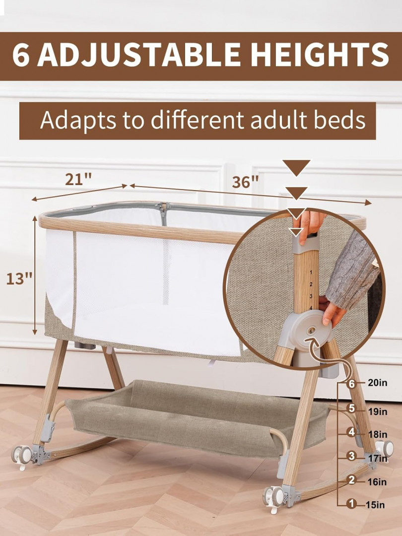 jestonten Baby Bassinet Bedside Sleeper Adjustable Height with Storage Basket - 36" x 21" x 13" - Wood brown/grey (model: QQ001) image 2