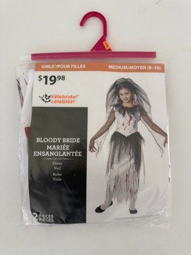 2PC GIRLS WAY TO CELEBRATE BLOODY BRIDE COSTUME DRESS AND VEIL - MEDIUM (8-10) - WHITE/BLACK/RED image 2