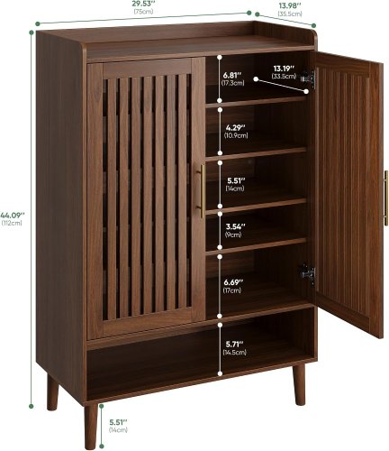 6-Tier Shoe Storage Cabinet with Louvered Doors - 44" x 29.5" x 13.9" - Brown image 2