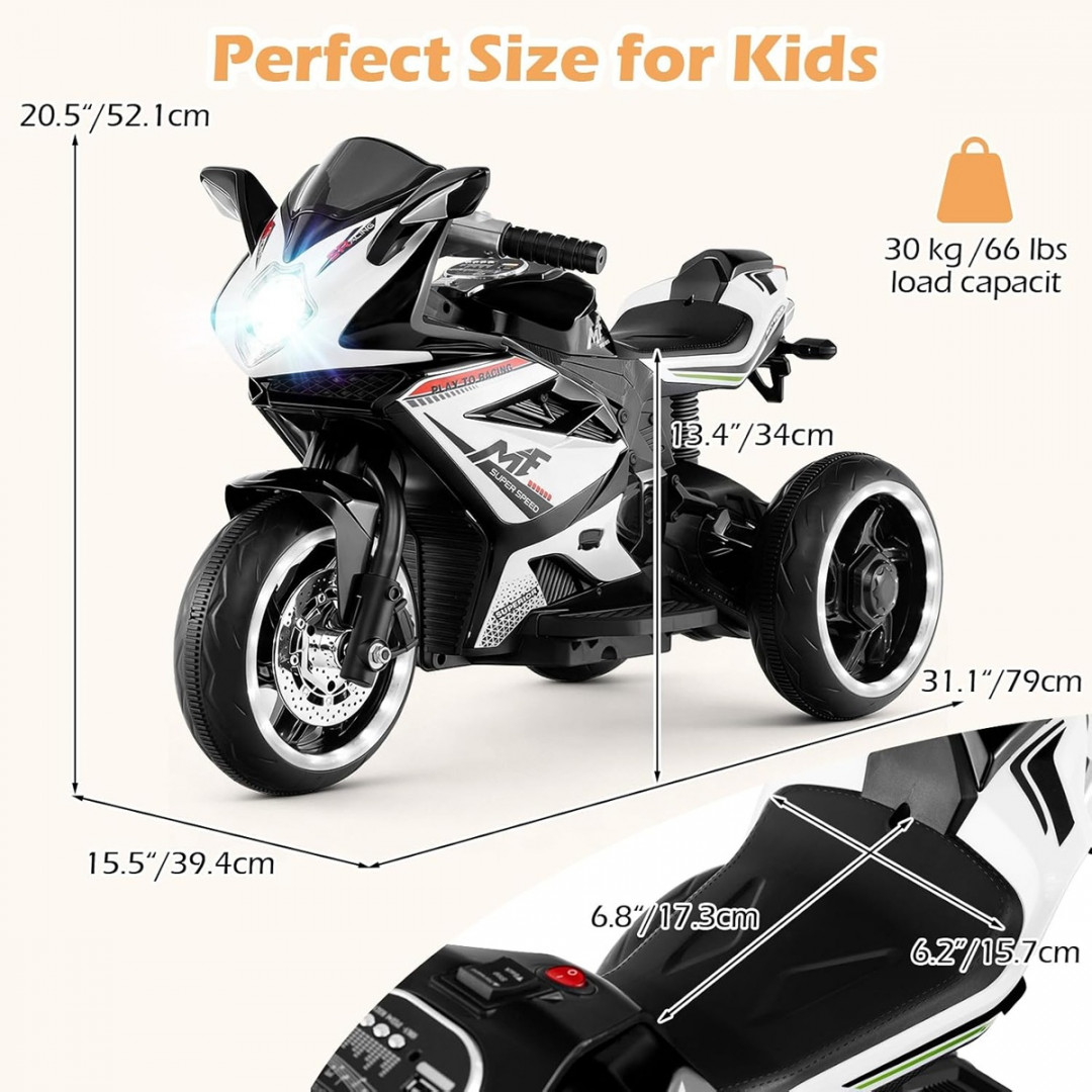 OLAKIDS Children's Electric Tricycle Motorcycle with Forward & Reverse Switch, Headlight, Wheel Lights, Horn, Music, and USB Port - 66LBS CAP - 6V - 15.5" x 31.1" x 20.5" - Black/White (Model: TQ10435US-DK/NEL-R1888GS) image 2