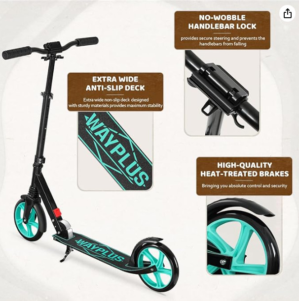 WAYPLUS Foldable, Lightweight Kick Scooter with 4 Adjustable Levels - UP TO 240LBS - AQUA - (MODEL: B09ZY6M8XH) image 3