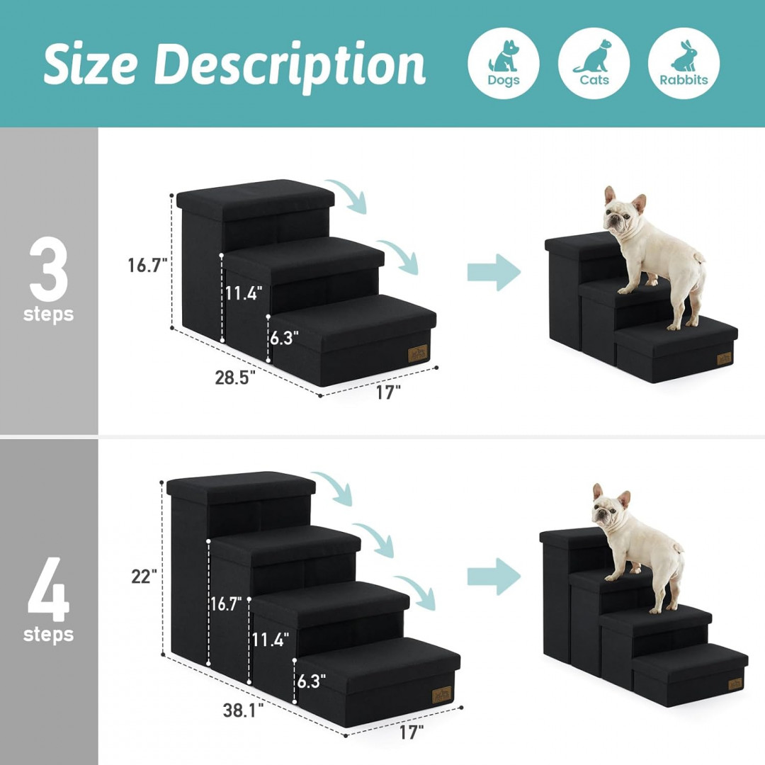 cozy kiss 4-step linen storage pet stairs for small dogs & pets - BLACK image 2