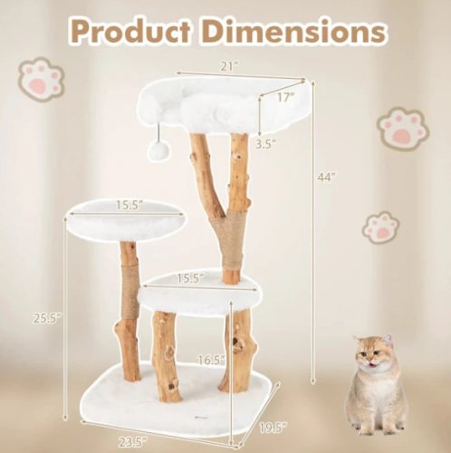 costway solid wood cat tree with perch & natural jute scratching posts - 23.5" x 44" x 19.5" - white (model: pv10207wh) image 2