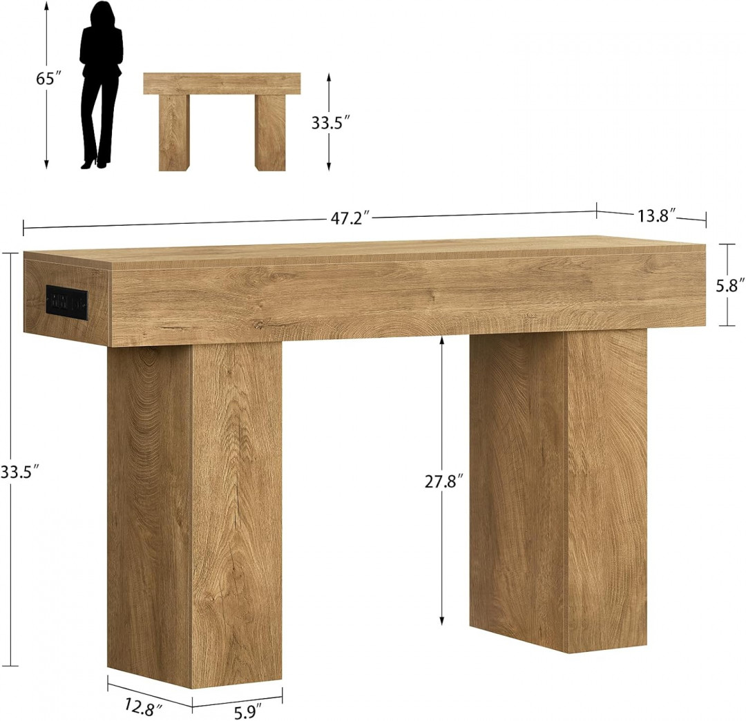 teenfon thickened wooden console table with charging station and led lights - 47" x 14" x 33" - natural oak - (model: nxgz008ndn-dx) image 2