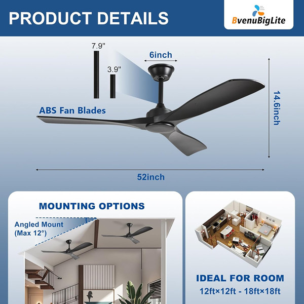 BVENUBIGLITE Modern 3 Blade Ceiling Fan with Remote and phone app - 52" - 35W 110V - Black (Model: WS-FPZ180-18B-BK) image 2