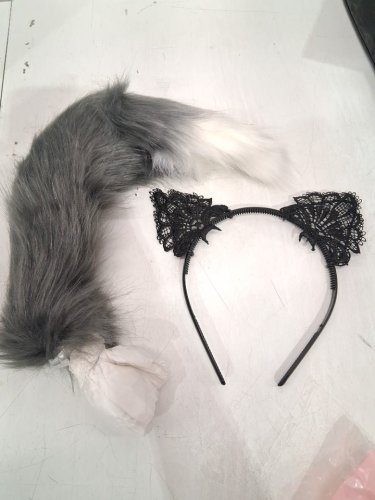 2PC Cat Ears and Medium stainless steel Butt Plug Tail - Black Ears / Grey Tail White-tip image 2