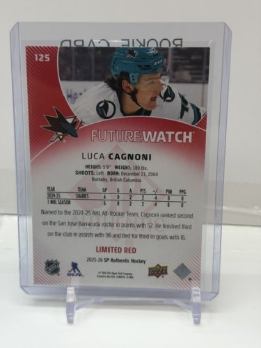 LUCA CAGNONI ROOKIE CARD FUTURE WATCH - UPPER DECK 2025-26 SP AUTHENTIC LIMITED RED #125 image 3