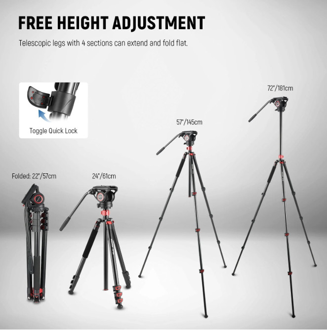 NEEWER Fluid Head Video Tripod and Monopod WITH extending legs and carrying case- 24" TO 72" - Black/red (Model: TP72A) image 2