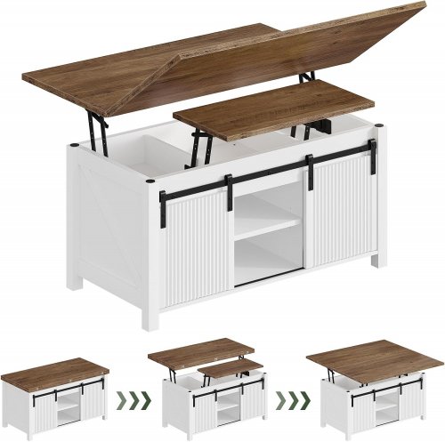 choezon farmhouse folding lift-top coffee table with sliding door storage - 40" x 40" - white/walnut - (model: mkf01wl) image 2