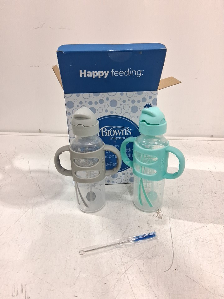 2pk  Dr. Brown's Milestones spill proof Narrow Sippy Straw Bottles with silicone handles and weighted straw - 8oz - grey/teal image 3
