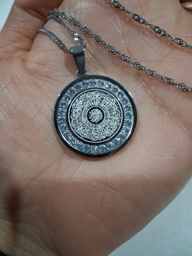 cubic zirconia engraved ayatol kursi "آية الكرسي" round pendant chain necklace for protection - 20" - 22"/2 mm width adjustable chain/ 1" pendant - silver image 4