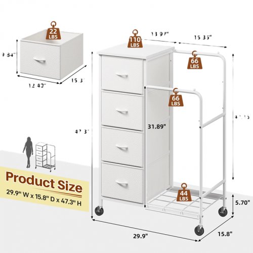 EnHomee Fabric Dresser with 2 Hanging Racks and 4 fabric drawers - 15.8" x 29.9" x 40.1" - white (model:usfdrdrwh) image 2
