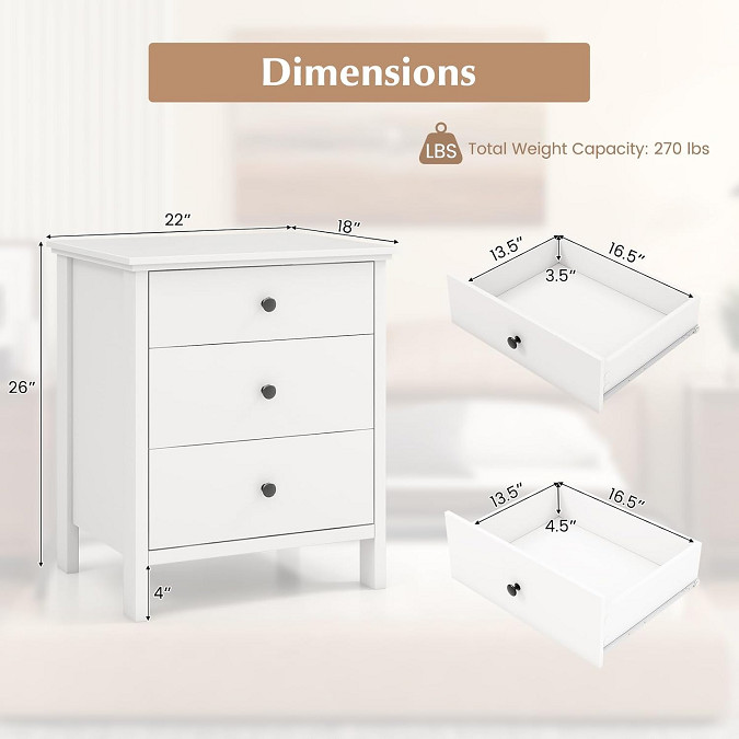 dortala modern nightstand with 3 drawers - 26" x 22" x 18" - white (model: hu11076wh) image 2