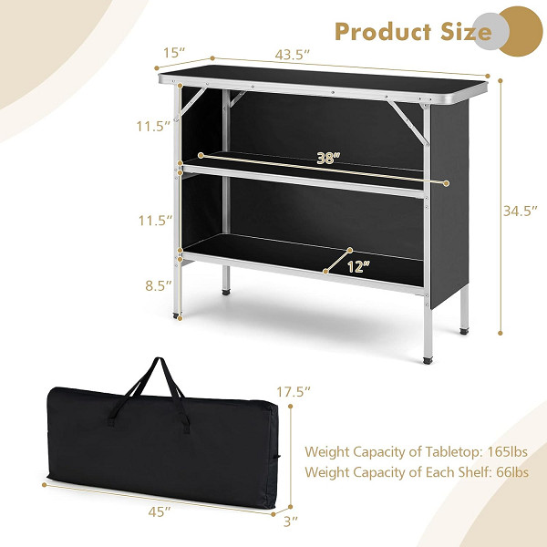 costway portable folding table with two shelves and carry bag - 43" x 34" - black (model: np10612dk) image 2