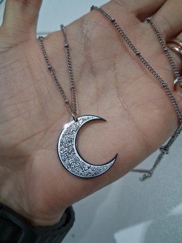 engraved ayatol kursi "آية الكرسي" half-moon pendant bead chain necklace for protection - 20" - 22" width adjustable chain/ 1" mm pendant - silver image 3