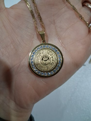 cubic zirconia engraved ayatol kursi "آية الكرسي" round pendant chain necklace for protection - 20" - 22"/2 mm width adjustable chain/ 1" pendant - gold image 4