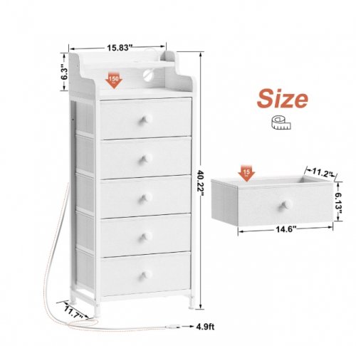 5 Drawer Tall Fabric Storage Dresser - 40" x 15.8" x 11.7" - White (Model: HD023WH-BFD) image 2