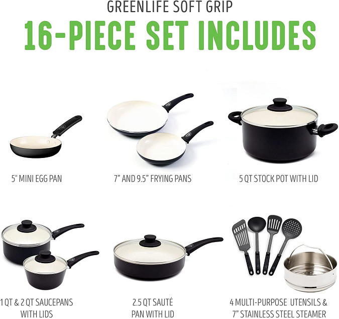 15PC GREENLIFE EVERYDAY VALUE SOFT GRIP CERAMIC NON-STICK COOKWARE SET - BLACK/CREAM (MODEL: CC001021-002) image 2