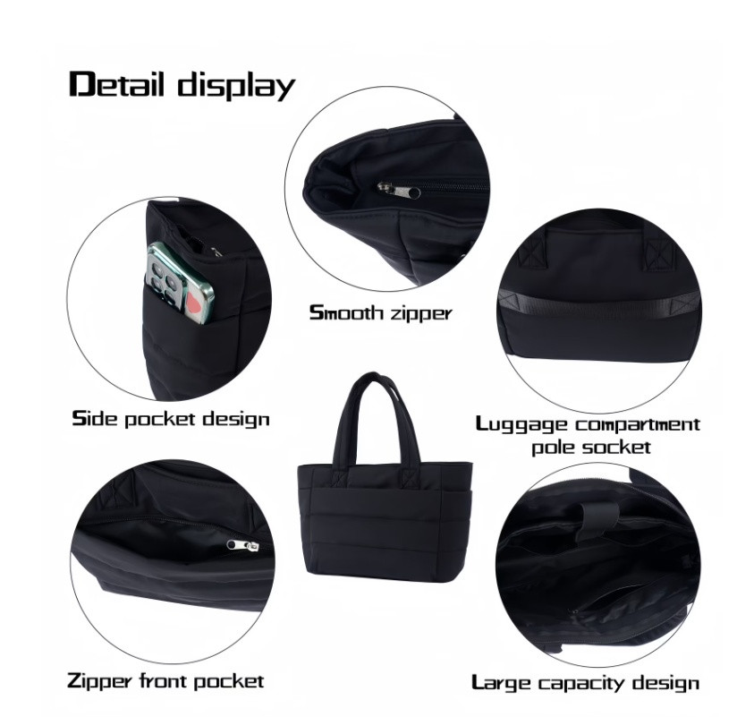 Women's JUYGO puffy quilted Tote Bag with multiple pockets and luggage strap for carry-on functionality - Black image 2