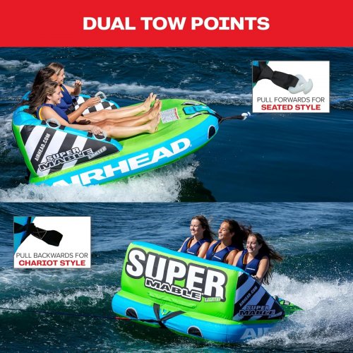 AIRHEAD SUPER MABLE limited green,  DUAL TOW WATER INFLATABLE, HOLDS UP TO 3 PEOPLE - 60" x  44"- blue/green (Model: B0DMXQ3DTC) image 2