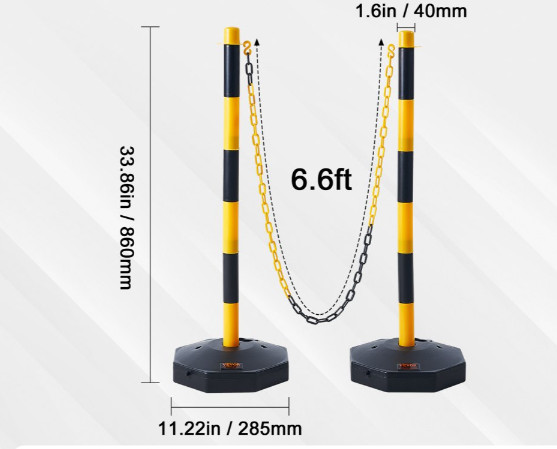 6pk VEVOR ADJUSTABLE TRAFFIC DELINEATOR POST CONES WITH chains - 33.86" - YELLOW/BLACK - (model:cc-f03-n-yb-6pcs-2m) image 2
