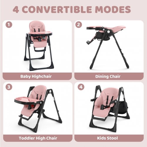 4-in-1 convertible Foldable High Chair - 33LBS max - black/pink image 2
