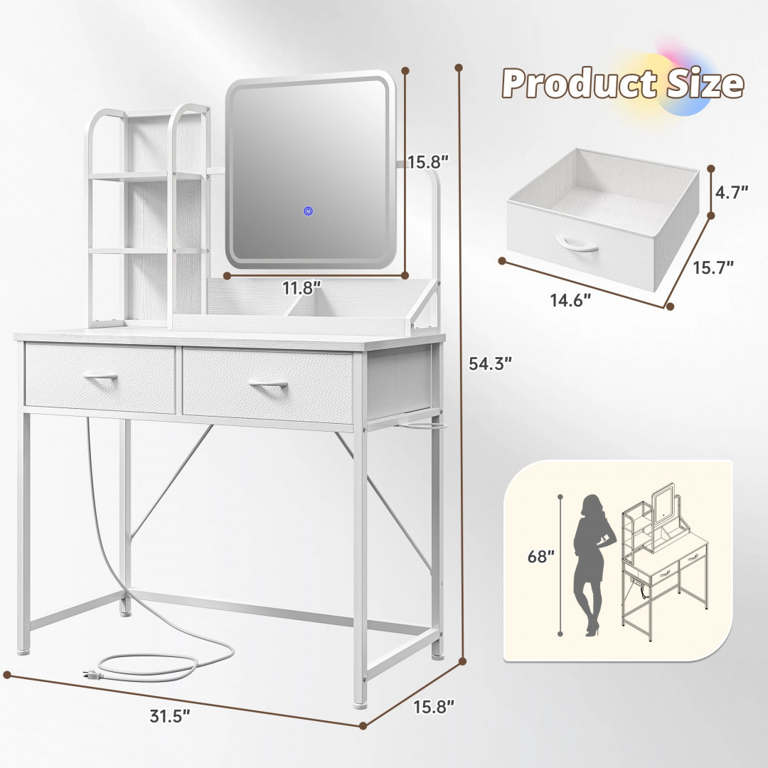 snhomee wooden vanity desk with 2 fabric drawers, led mirror, and charging station - 31" x 16" x 54" - white - (model: 55scfvt2dwp) image 2
