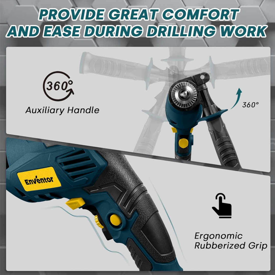 ENVENTOR 2-in-1 lightweight corded electric hammer/drill with 360° rotating Auxiliary Handle & 9 drill bits - 7.5A, 3000RPM - blue (MODEL: WD60190) image 5