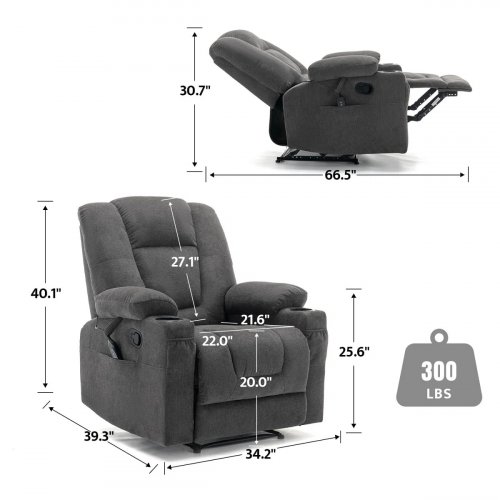 Aricella Chenille Chair Recliner with Massage, Heating, Cup Holders, and side pocket - Grey (Model: 76701M-51) image 2