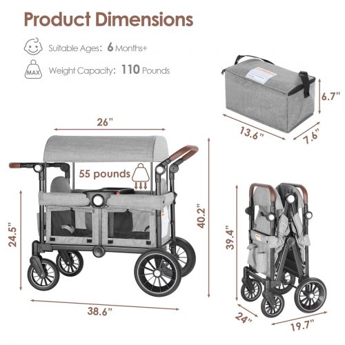 Foldable Stroller Wagon with Removable Canopy - 2 Child - 110lbs cap - Grey/Black (Model: wg417) image 2