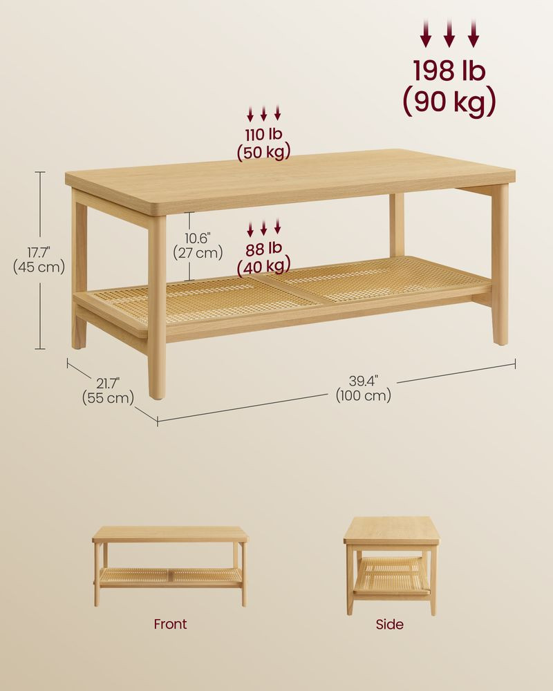 VASAGLE 2-Tier Living Room Table with PVC Rattan Shelf Rounded Corners - 39.4" x 21.7" x 17.7" - Oak Beige - (Model: LCT240y57) image 2
