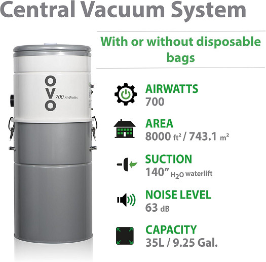 Nadair OVO Heavy Duty Powerful Central Vacuum System - 110V - 9.25Gal - 700 AIR watts - Grey/WHITE (Model: M5-2-OVO) image 2