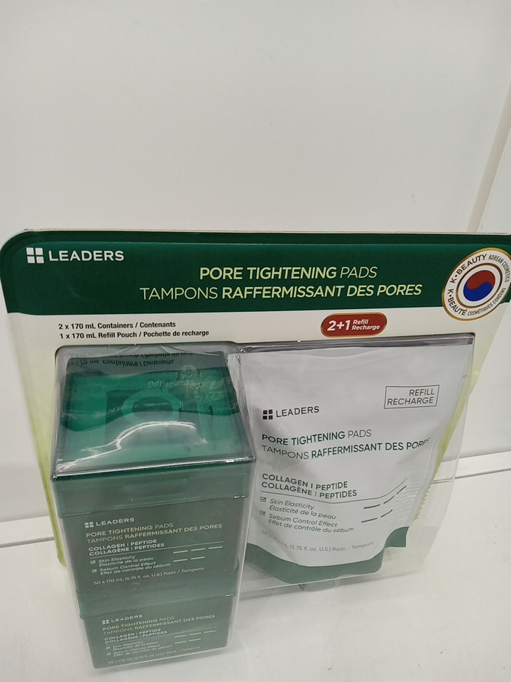 3PC Leaders K-Beauty Korean Cosmetics Pore Tightening Pads with Two Containers and Refill Pouch image 2