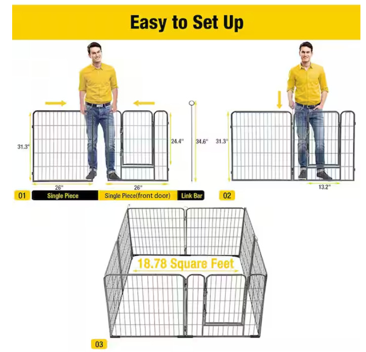 MEDEHOO Heavy Duty Portable Dog Fence/playpen - 8 panels - each panel 31" - 18.7 Sq. FT - black (model: air50) image 2