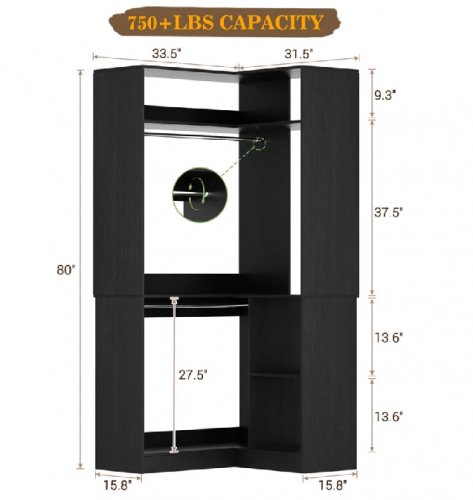 aheaplus Freestanding Corner Closet System with 2 Hanging Rods and Open Storage Shelves - 750lbs capacity - black (model:yhcc-007) image 2
